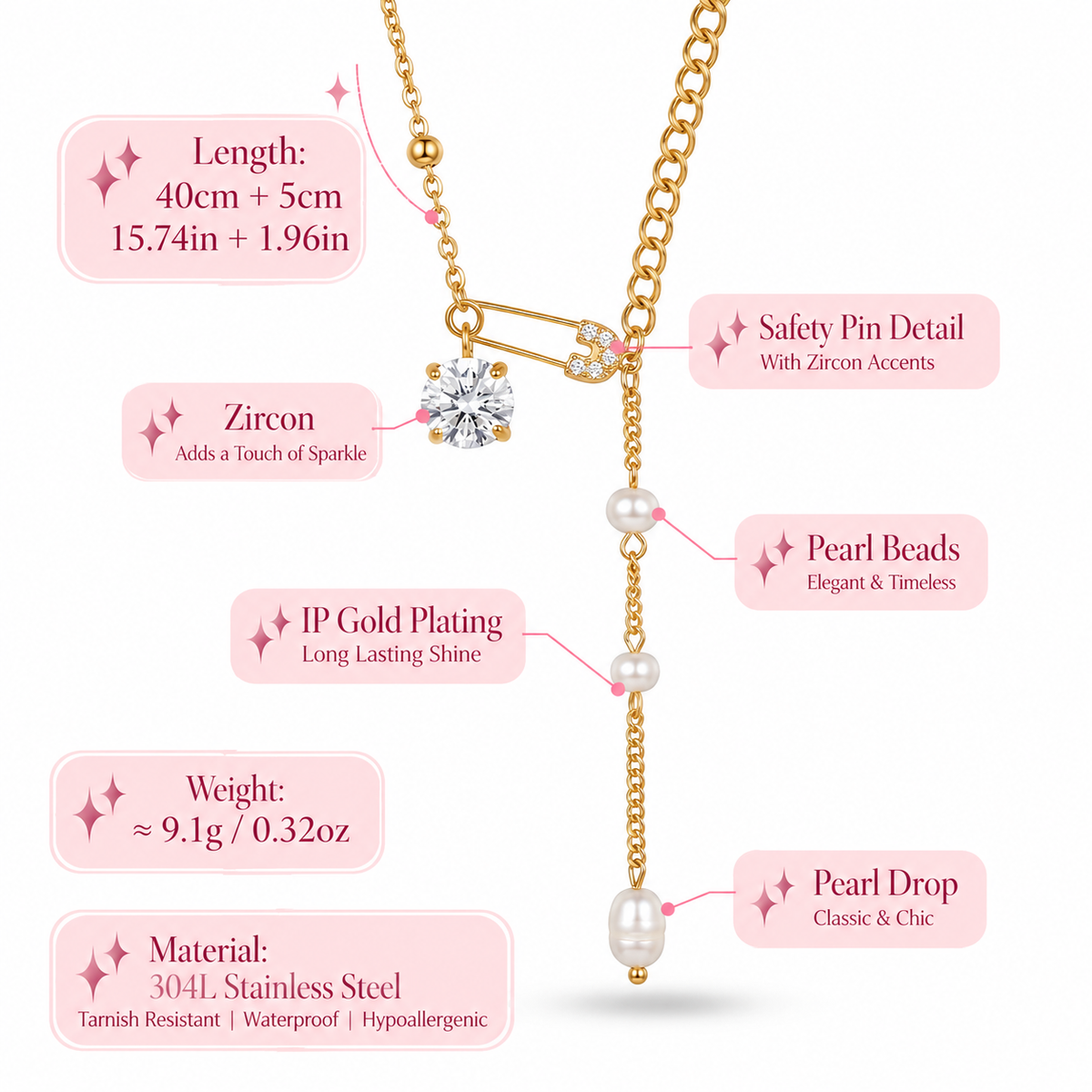 Diamonds and Pearls Necklace - 18k Gold Plated Stainless Steel