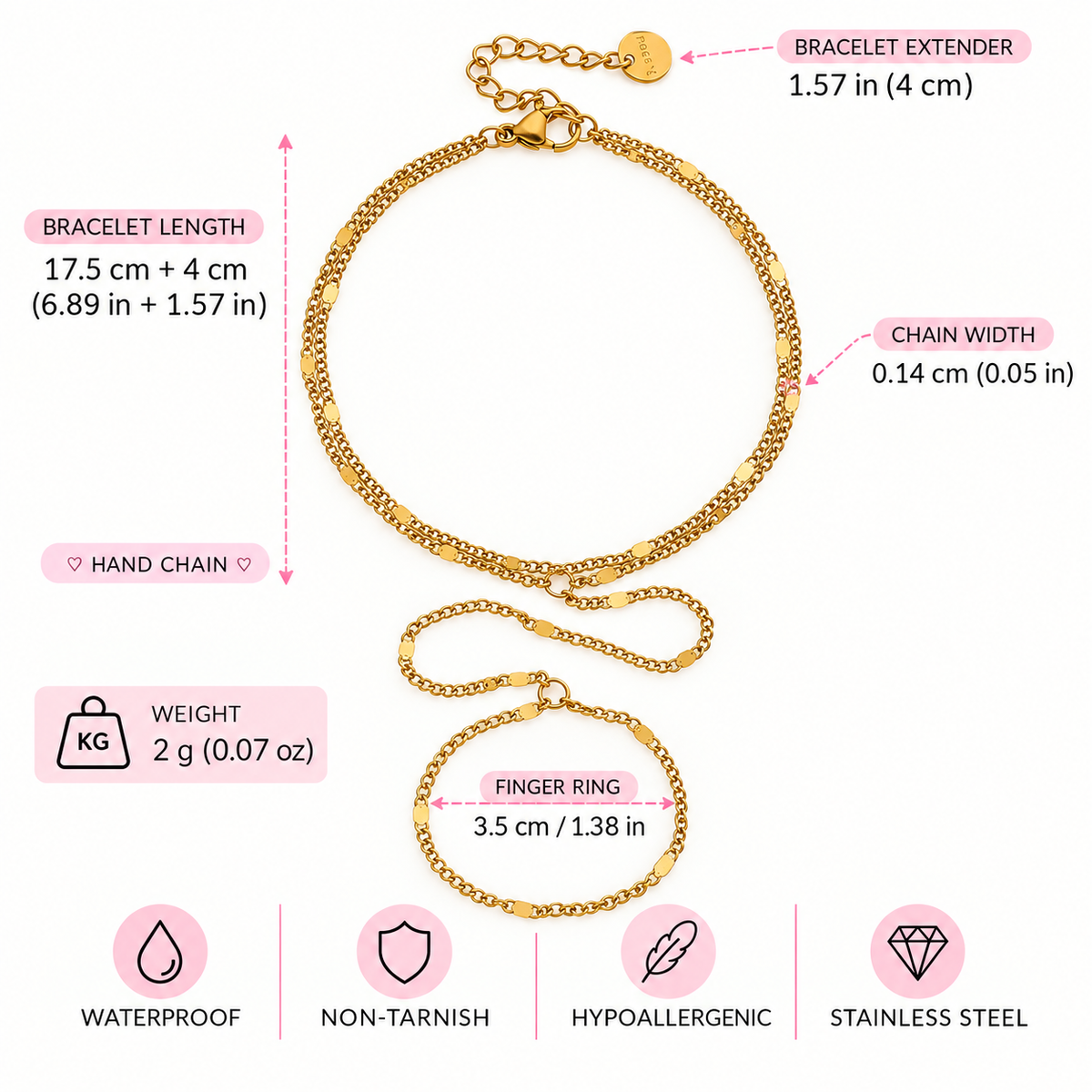 Azelle Hand Chain - 18k Gold Plated Stainless Steel